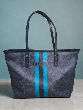 Coach Varsity Stripe City Zip Tote Shoulder Bag, Black and Teal